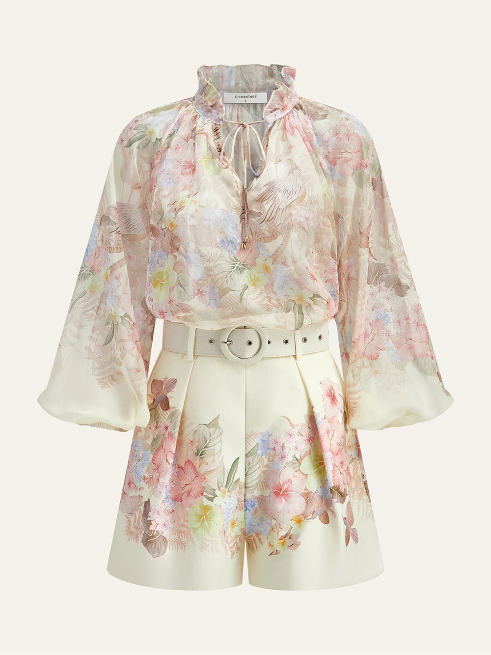 Commense Floral Print Three-Piece Shorts Set With Belt